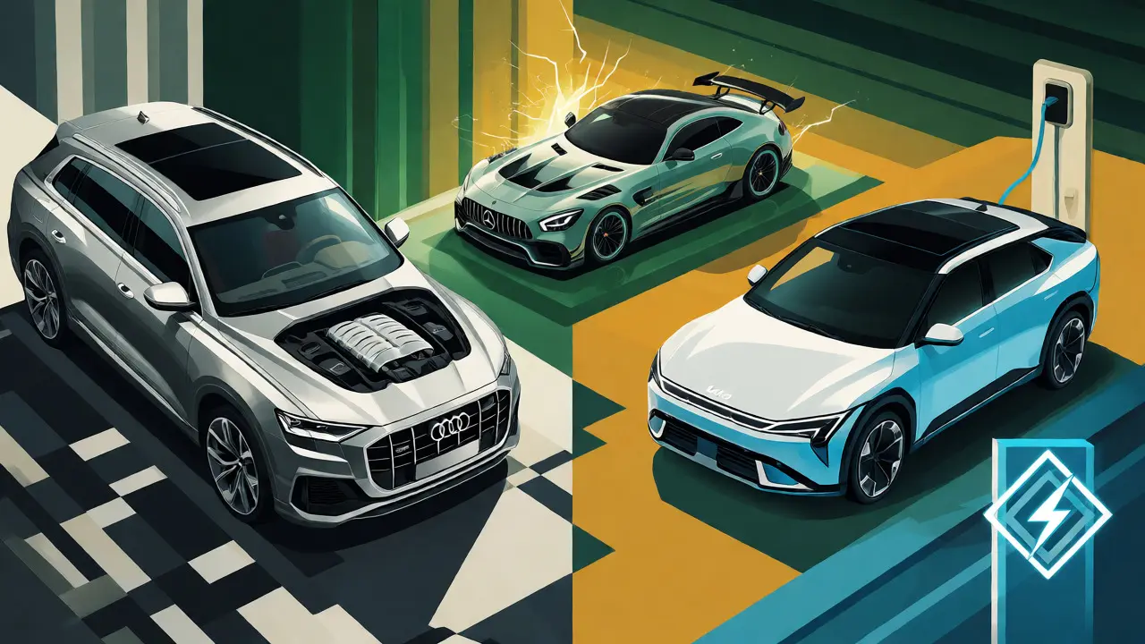 Композиция ар-деко, сравнивающая Audi Q9, Kia EV4 и Mercedes-AMG GT XX