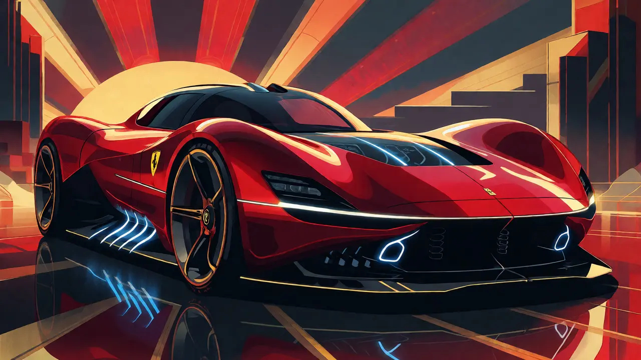 Суперкар Ferrari Elettrica в стиле ретро-плаката ар-деко с акцентом на электрическую мощь